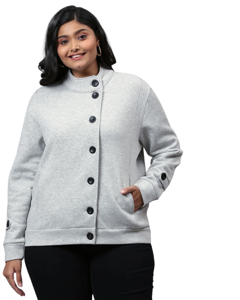 Front of a model wearing a size 4XL Grey Buttoned Sweatshirt in Light Grey by Instafab Plus. | dia_product_style_image_id:297254